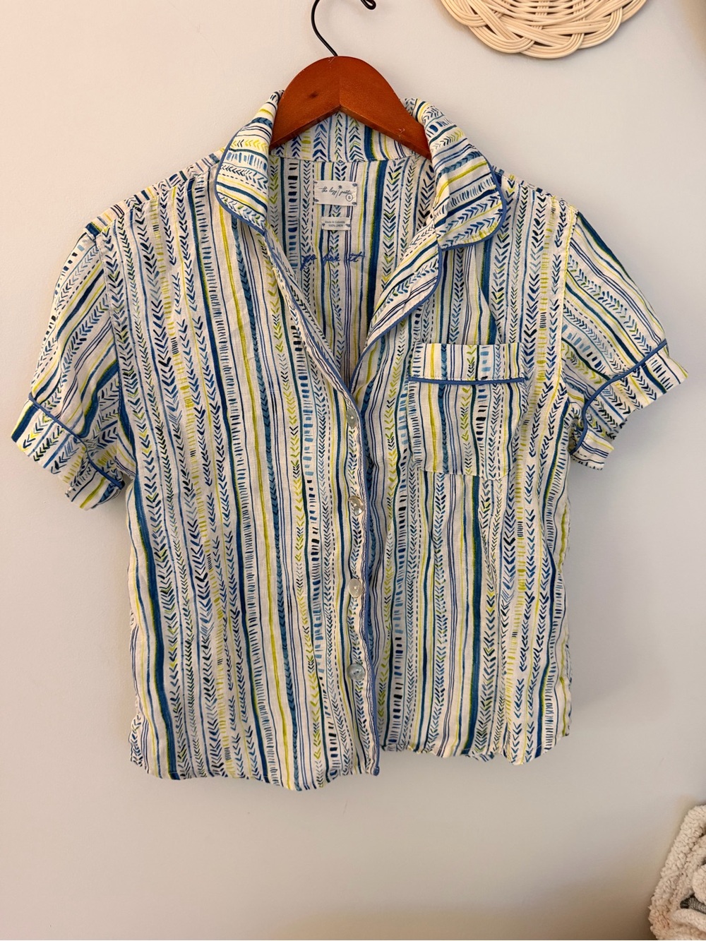 The Lazy Poet 100% Linen Striped Pajama Top Button Front Blue Green Size Small
